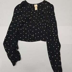 H&M Black White Polka Dot V Neck Long Sleeve Button Up Cropped Blouse Top Size 0